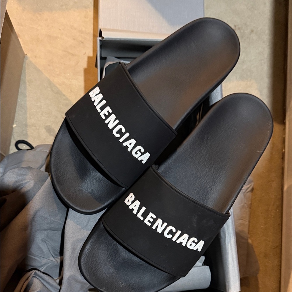 Balenciaga Black Slides with White Logo